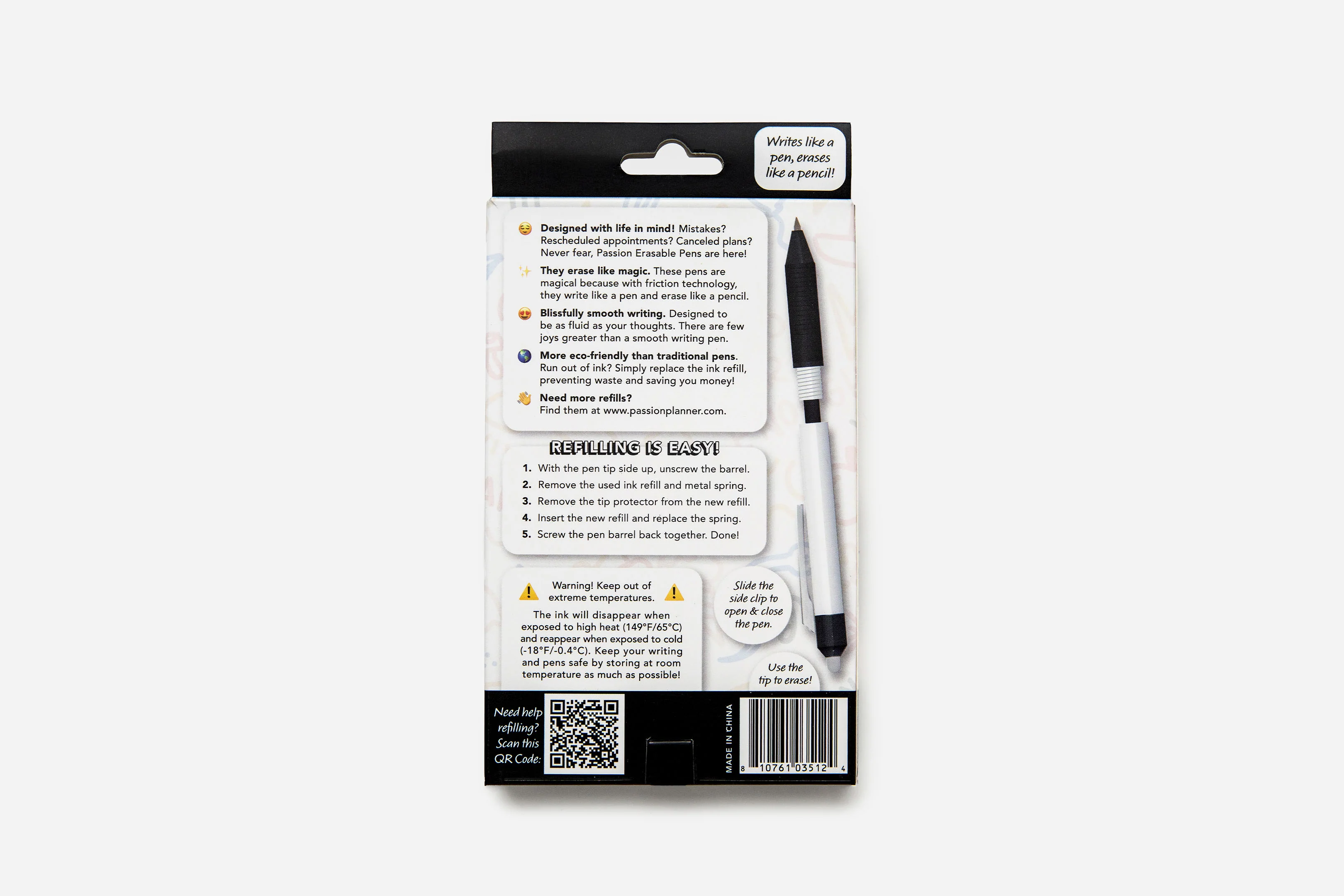 Passion Erasable Pens Starter Pack - Soft Black (6 Pens + 8 Refills) - Image 6